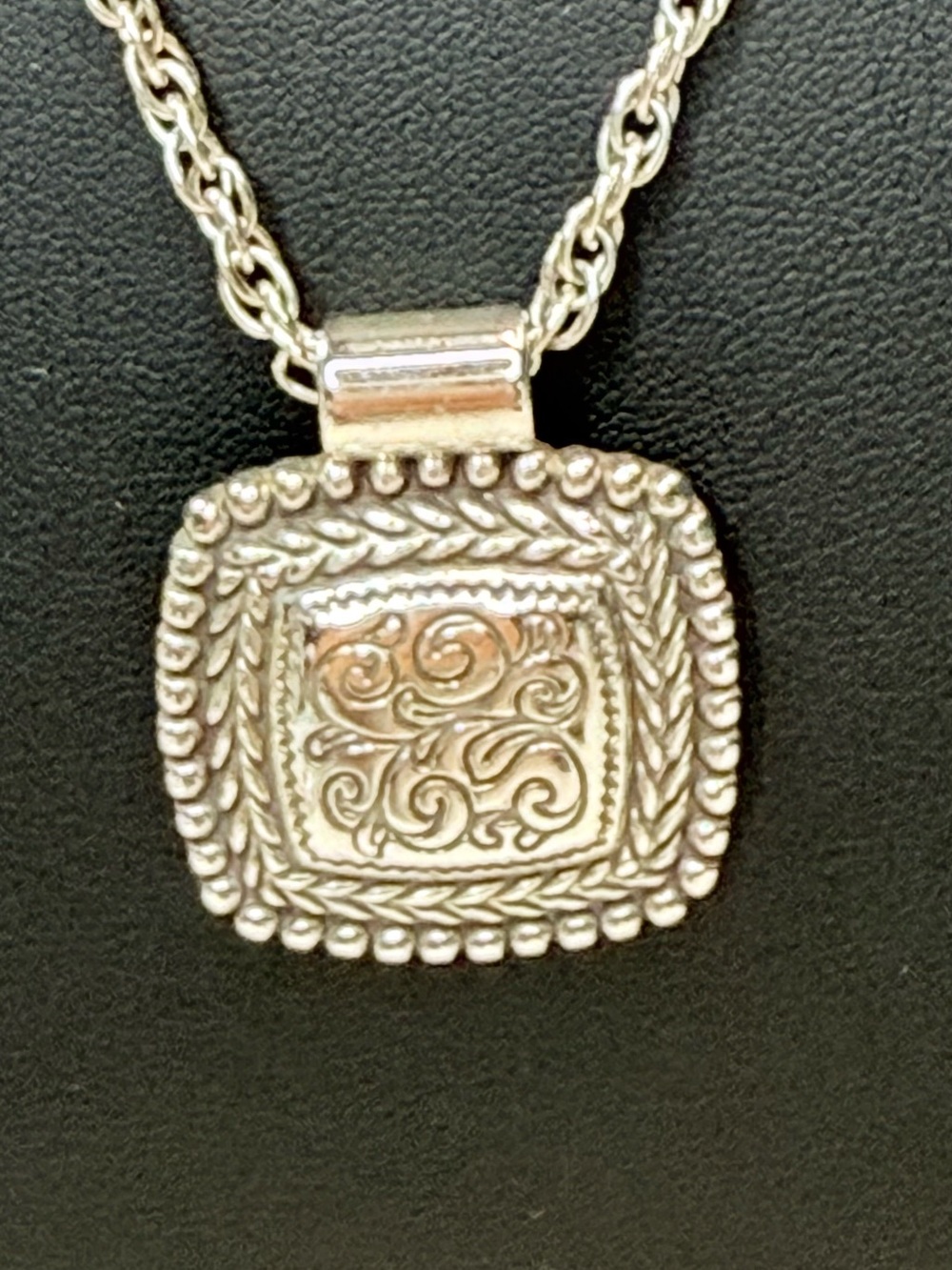 Vintage Brighton Silver-Tone Engraved Square Pendant Necklace EVC
